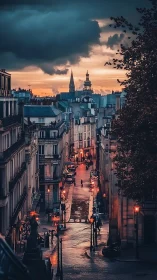 Twilight rain polishes a quiet Paris street into bronze