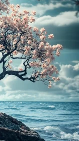 Blossoming shoreline tree leaning into a dreamy sea view.