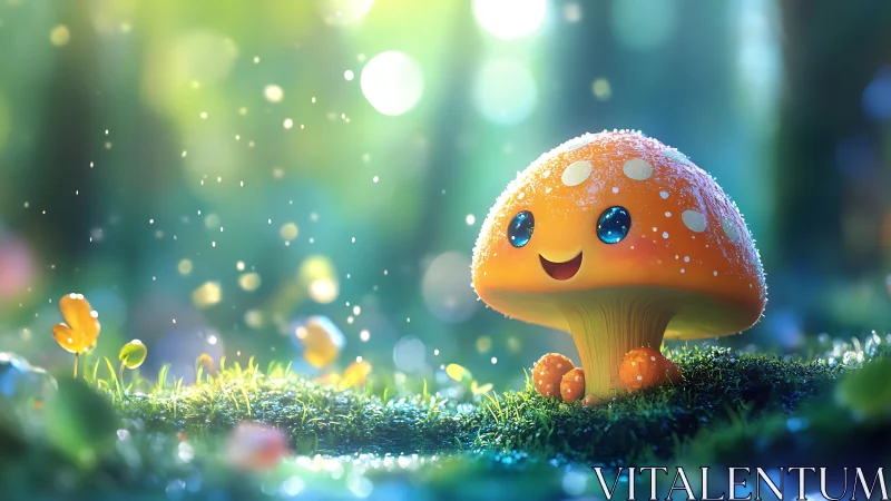 Cute smiling mushroom character in a bright forest scene.