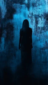 Silhouetted woman stands alone in a moody blue voidscape