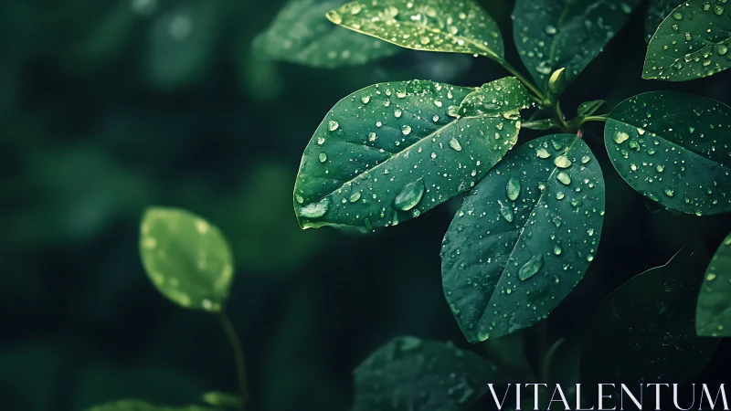 Close view of green leaves with water droplets after rain.
