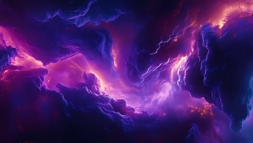 Cosmic storm clouds swirl in neon violet and blazing gold.