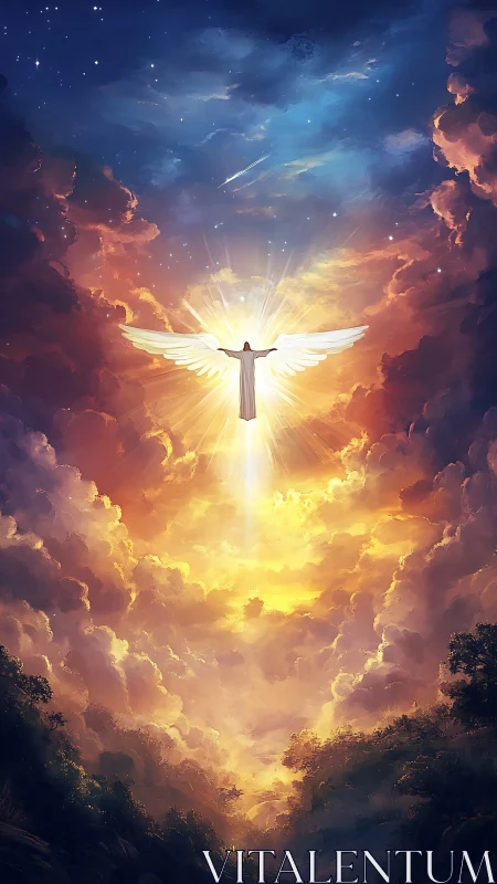 Radiant winged figure ascending through celestial clouds.