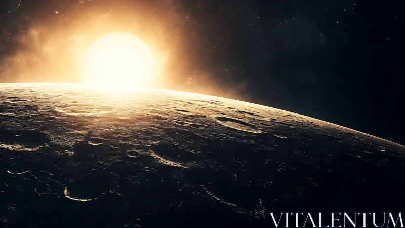 Stellar sunrise over cratered exoplanet horizon rim.