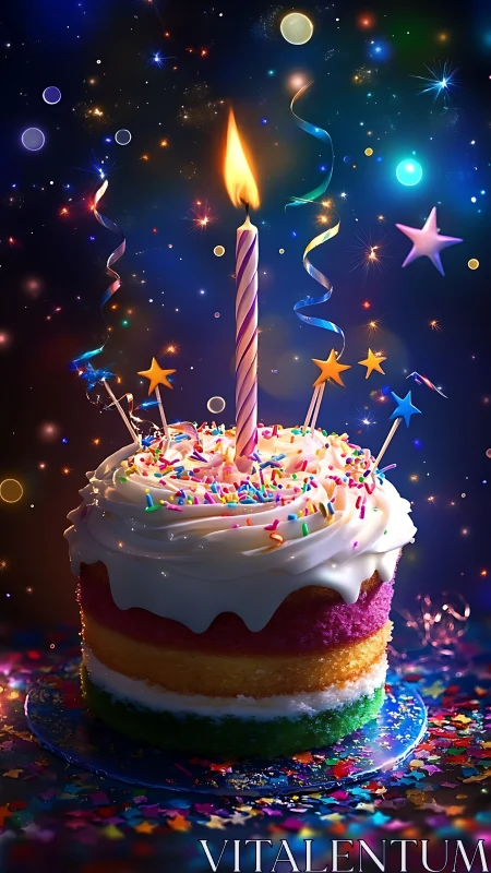 Magical Birthday Cake with Glowing Candle and Cosmic Sparkle.