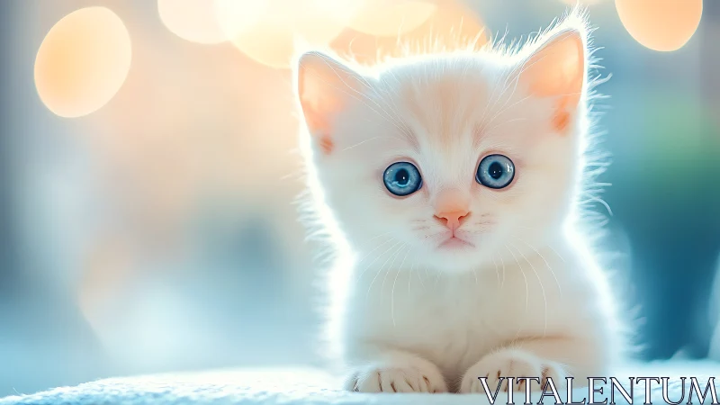 Digitally Rendered White Feline with Striking Cerulean Eyes in Soft-Focus Winter Environment