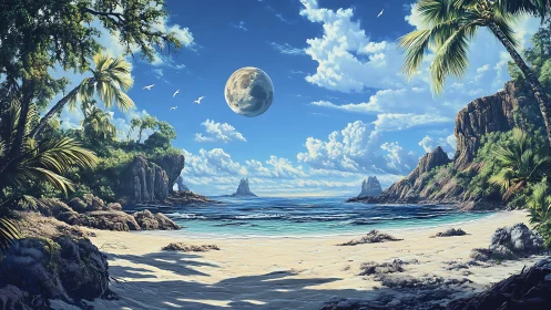 Extraterrestrial Lagoon with Lunar Celestial Body Overhead.