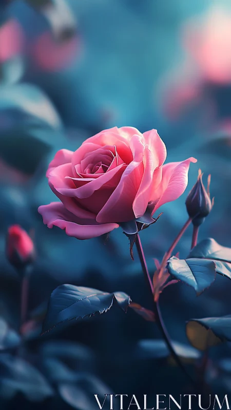 Soft pink rose glows gently against a dreamy teal garden