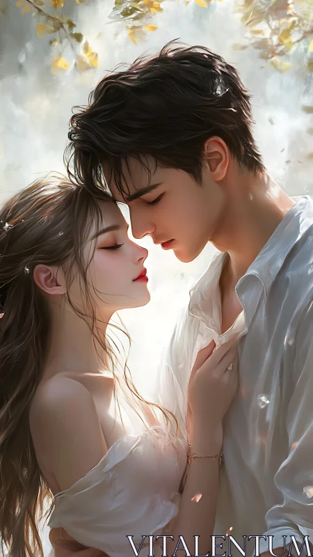 Intimate moment between two figures in soft white light.