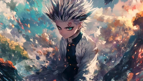 Storm-lit anime warrior amid swirling elemental sky.