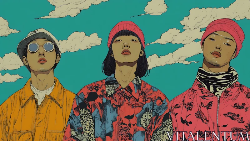 Skyline streetwear trio under candy clouds of cool.