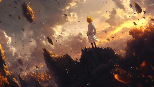 Stargazing wanderer atop drifting ruins at molten sunset.