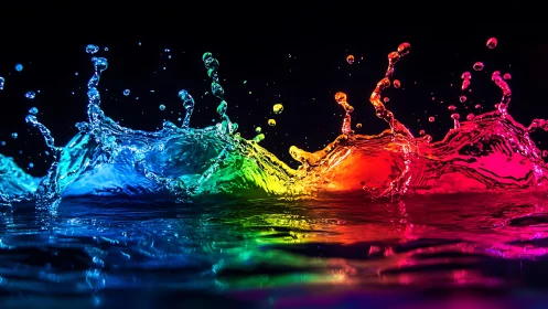 Vivid multicolored water splashes against dark background.