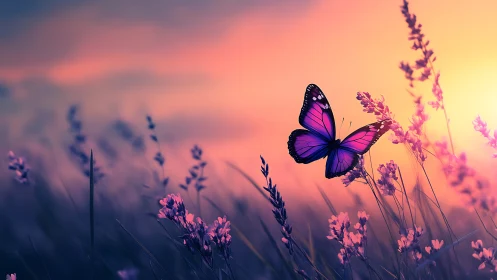 Vibrant Purple Butterfly on Lavender Flowers at Sunset, Dreamy Style.