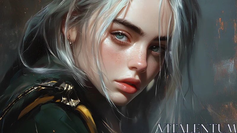 Digital portrait of young woman with pale hair and coat.