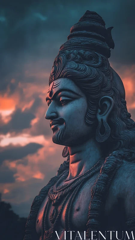 Serene stone deity glowing softly beneath a moody sunset sky.