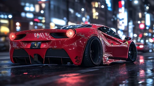 Widebody red supercar on wet neon city street at night