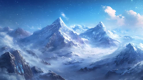 Glacial mountain range under crystalline stratospheric light.