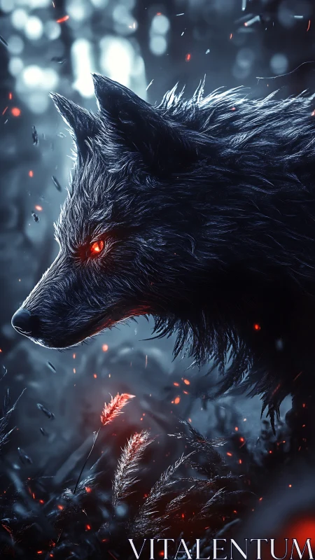 Dark wolf profile with glowing red eyes in misty forest.