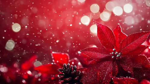 Glittered poinsettia macro captures festive bokeh illumination
