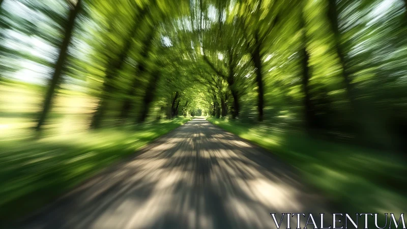 Tree-lined country road with strong motion blur effect.