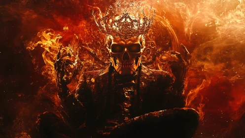 Flaming skeletal monarch with molten crown in high contrast lighting