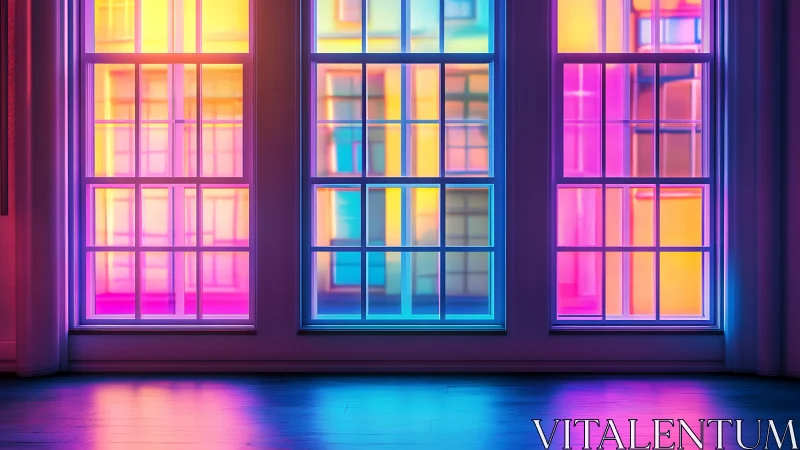 Prismatic window grids cast neon light across hardwood floor.