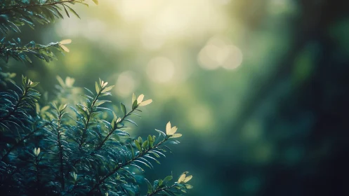 Sunlit green foliage with soft bokeh background in nature scene.
