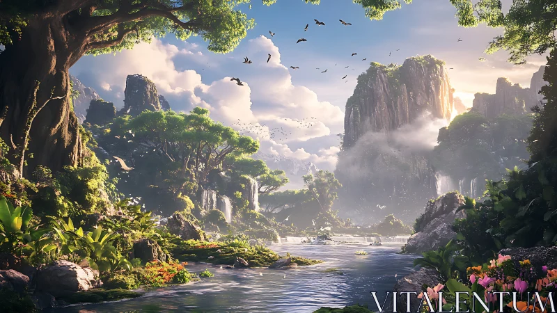 Lush fantasy valley with waterfalls under glowing sunrise.