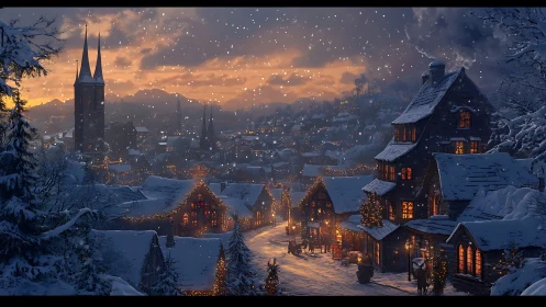 Snowy medieval village under warm winter dusk sky.