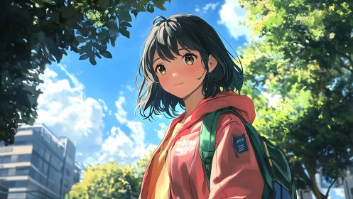 Anime schoolgirl in pink hoodie walking under bright sky.