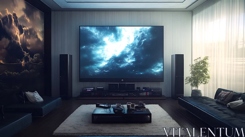 Ultra-wide home cinema with ambient sci-fi display and hi-fi