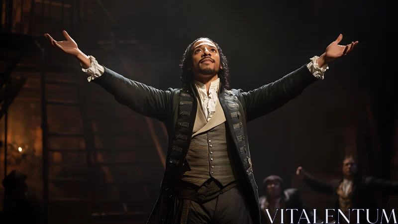 Stage actor delivers emotional gesture under warm spotlight