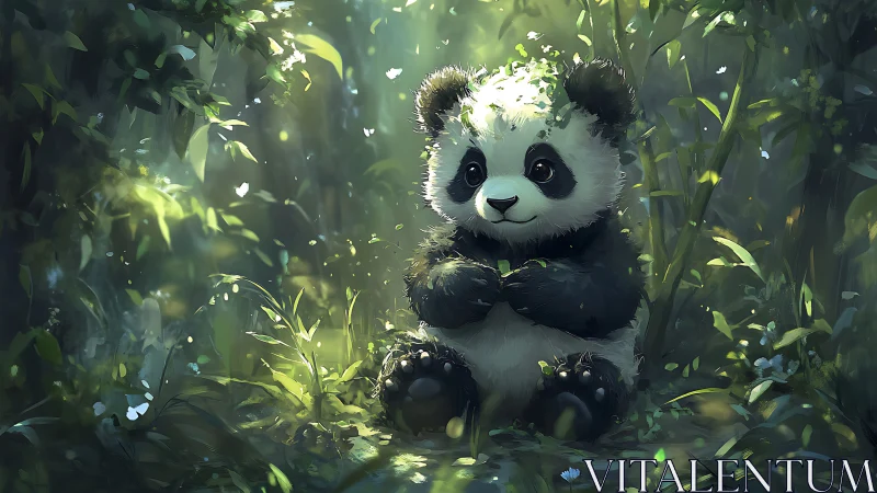 Digital illustration of young panda in dense green forest.