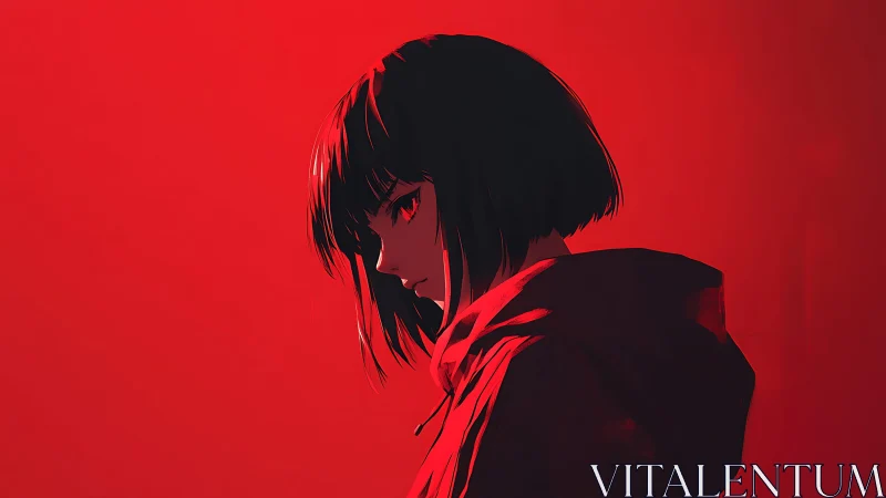 High-contrast red monochrome profile portrait using hard cel shading