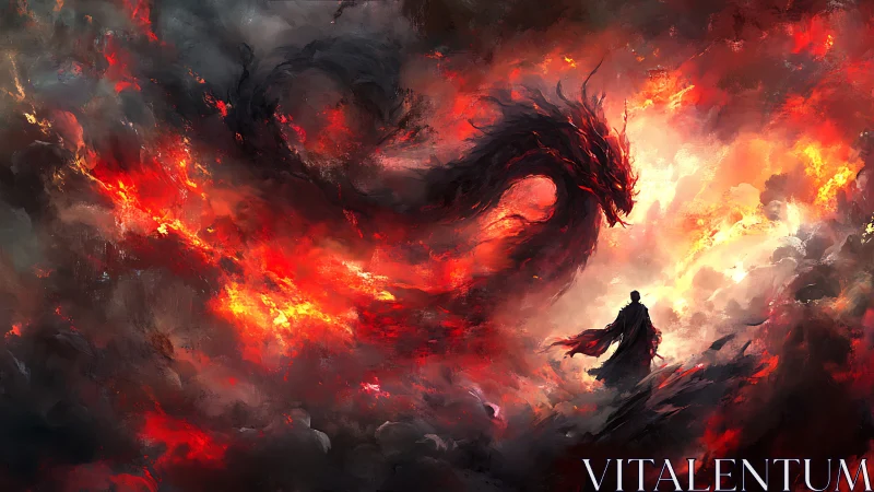 Blazing draconic storm surrounds lone warrior silhouette.