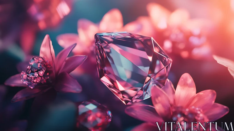Pink crystal gemstone among glowing fantasy flowers.