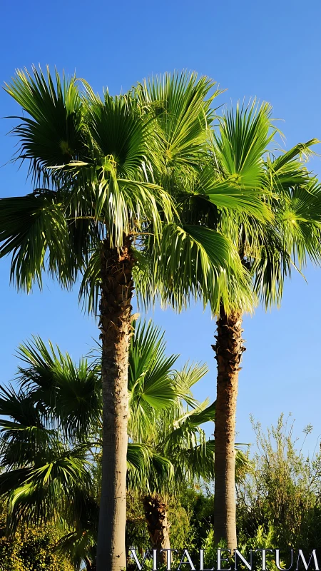 Sunlit palm trees rise against clear deep blue sky