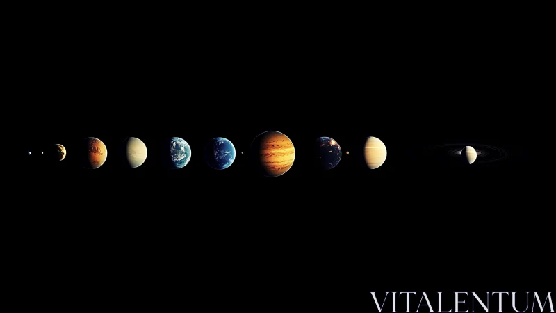 Solar system planetary lineup on black deep space background.