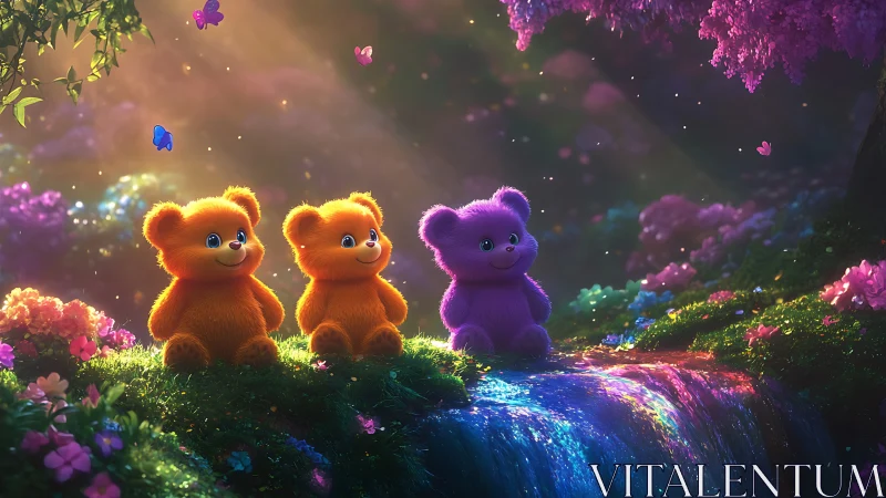 Rainbow brook bears bask in a pastel-sparkled dreamscape.
