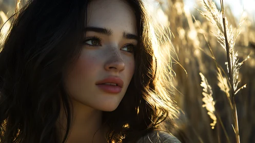 Young woman in tall dry grass under warm backlighting.