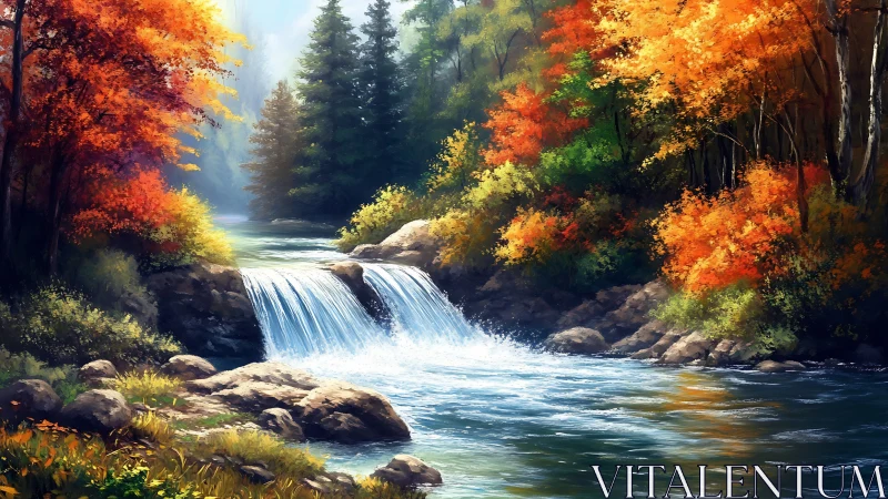 Autumn forest river with small waterfall in soft sunlight.
