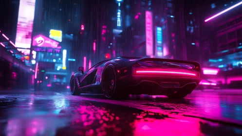 Neon rain crowns a cyberpunk supercar cruising the night grid