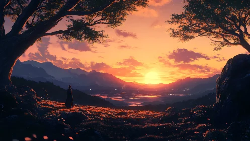 Wanderer pausing beneath twilight trees at emberlit valley.