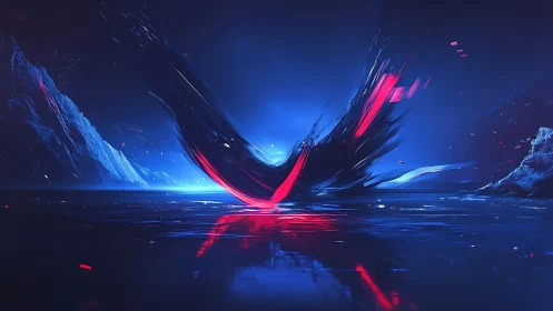 Abstract red energy arc over frozen blue landscape.