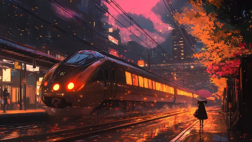 Soft autumn city lights embracing a glowing night train.