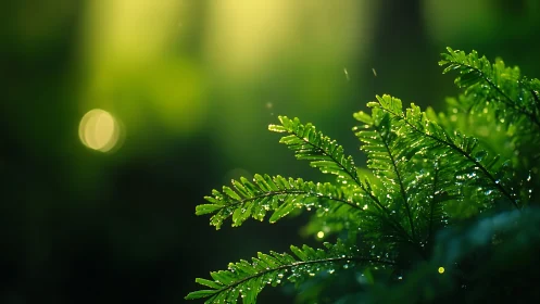 Evergreen Branches Jeweled with Dewdrops in Soft Sunlight