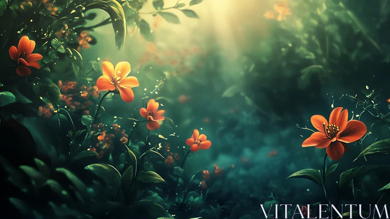 Orange Flowers in Misty Garden with Volumetric Golden Light