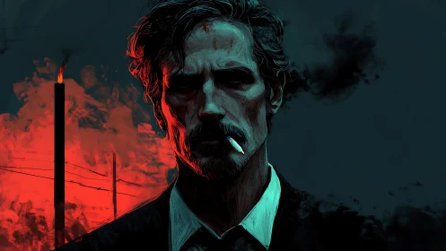 Smoldering drifter stalks the neon ash of a poisoned skyline.