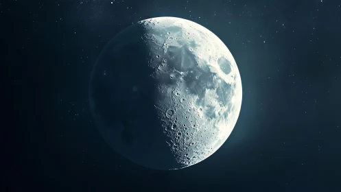 Lunar hemisphere with terminator line and cratered surface.